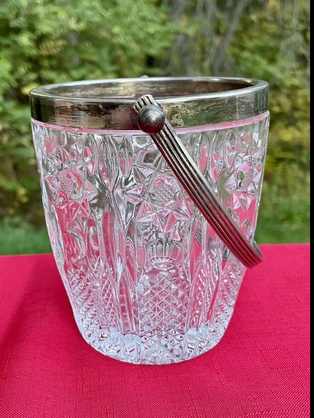 Cut Glass Ice Bucket with Silver Rim and Handle